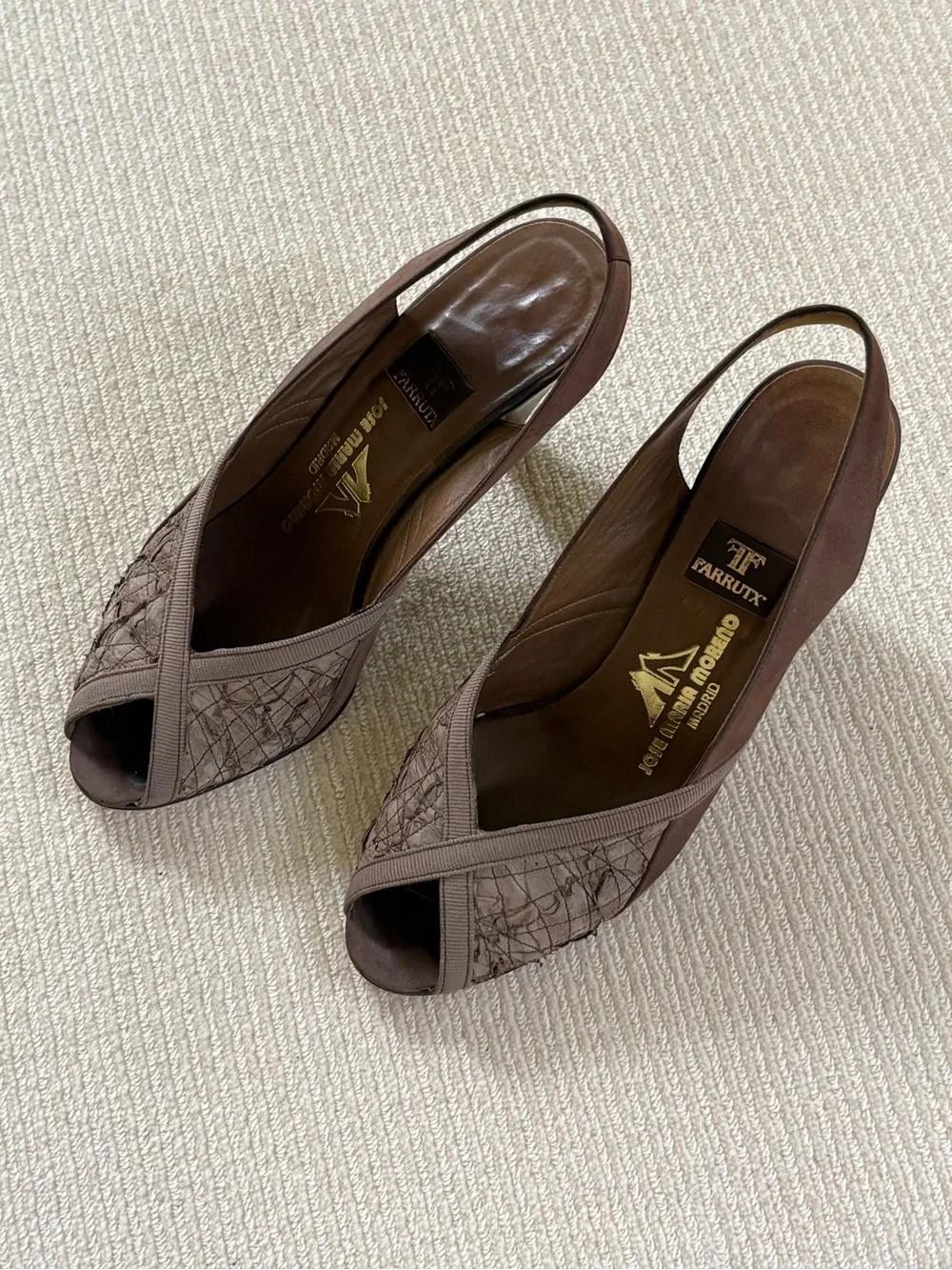 Farrutx Taupe Brown Slingback Peep-Toe Textured Heels